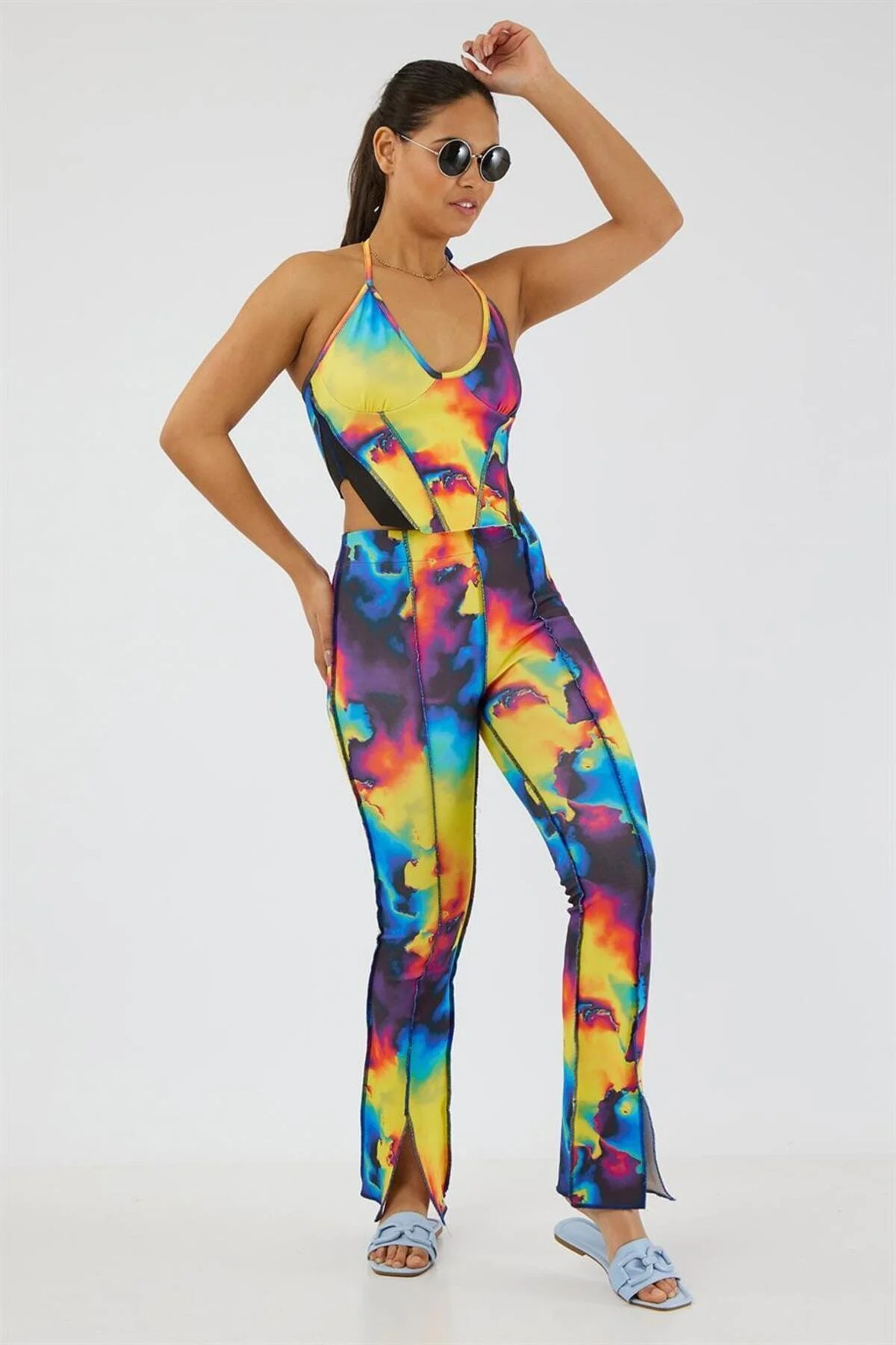 Boyundan Bağlamalı Askılı U Yaka Degrade Batik Ters Pis Dikiş Fit