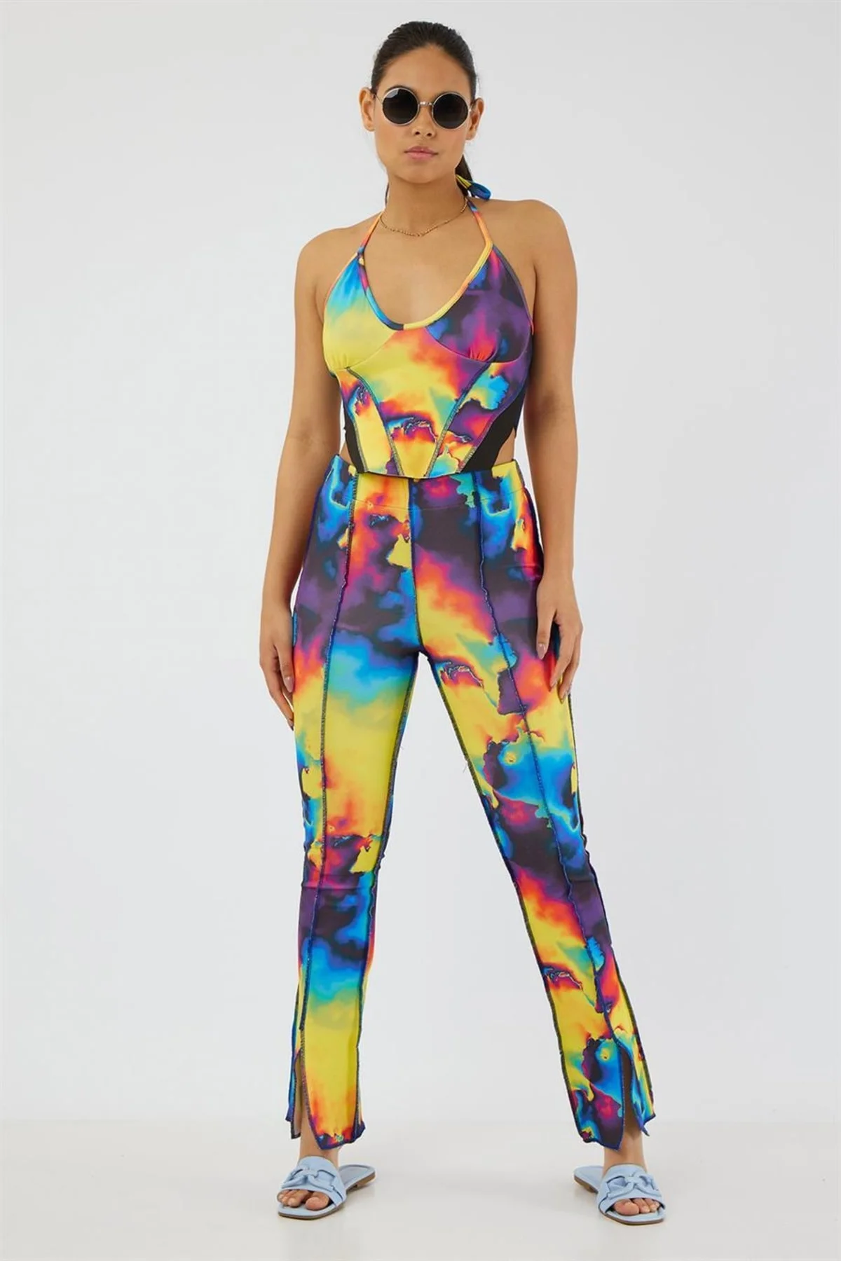 Boyundan Bağlamalı Askılı U Yaka Degrade Batik Ters Pis Dikiş Fit