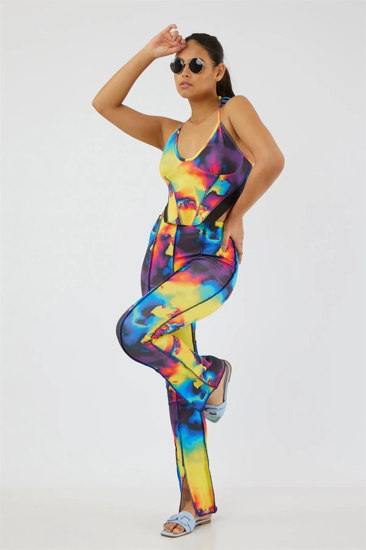 Boyundan Bağlamalı Askılı U Yaka Degrade Batik Ters Pis Dikiş Fit