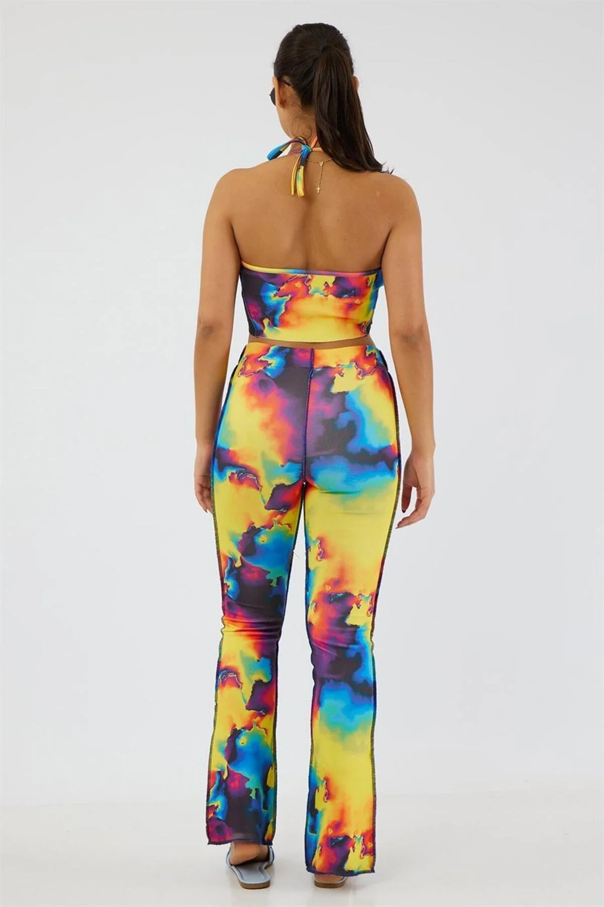 Boyundan Bağlamalı Askılı U Yaka Degrade Batik Ters Pis Dikiş Fit