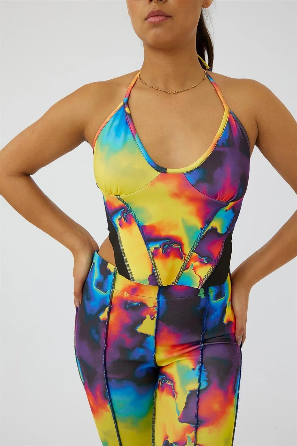 Boyundan Bağlamalı Askılı U Yaka Degrade Batik Ters Pis Dikiş Fit