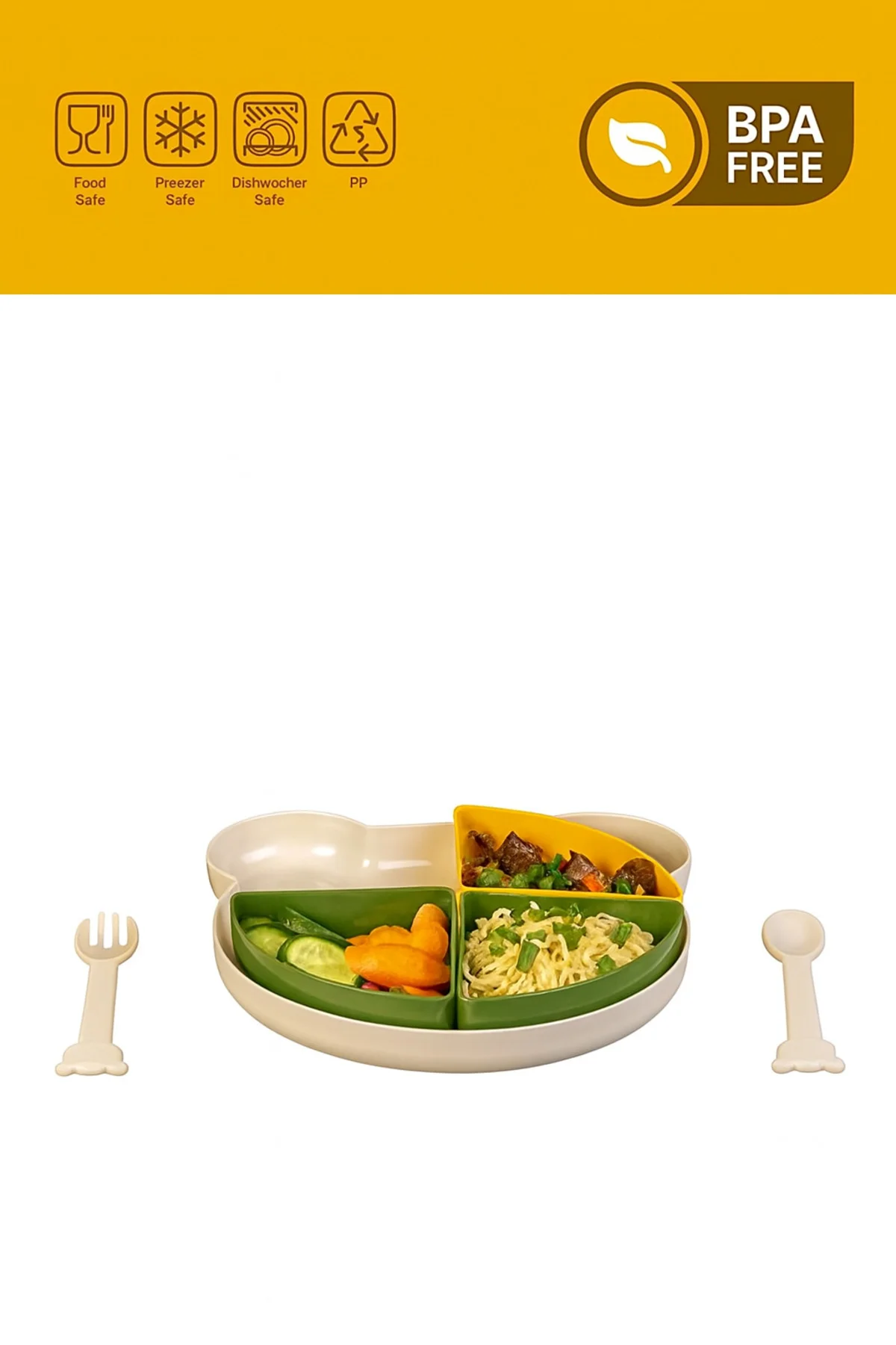BPA Free Bölmeli Bebek Mama Tabağı Seti – Çatal Kaşık Dahil, Gıda ve Bulaşık Makinesi Uyumlu