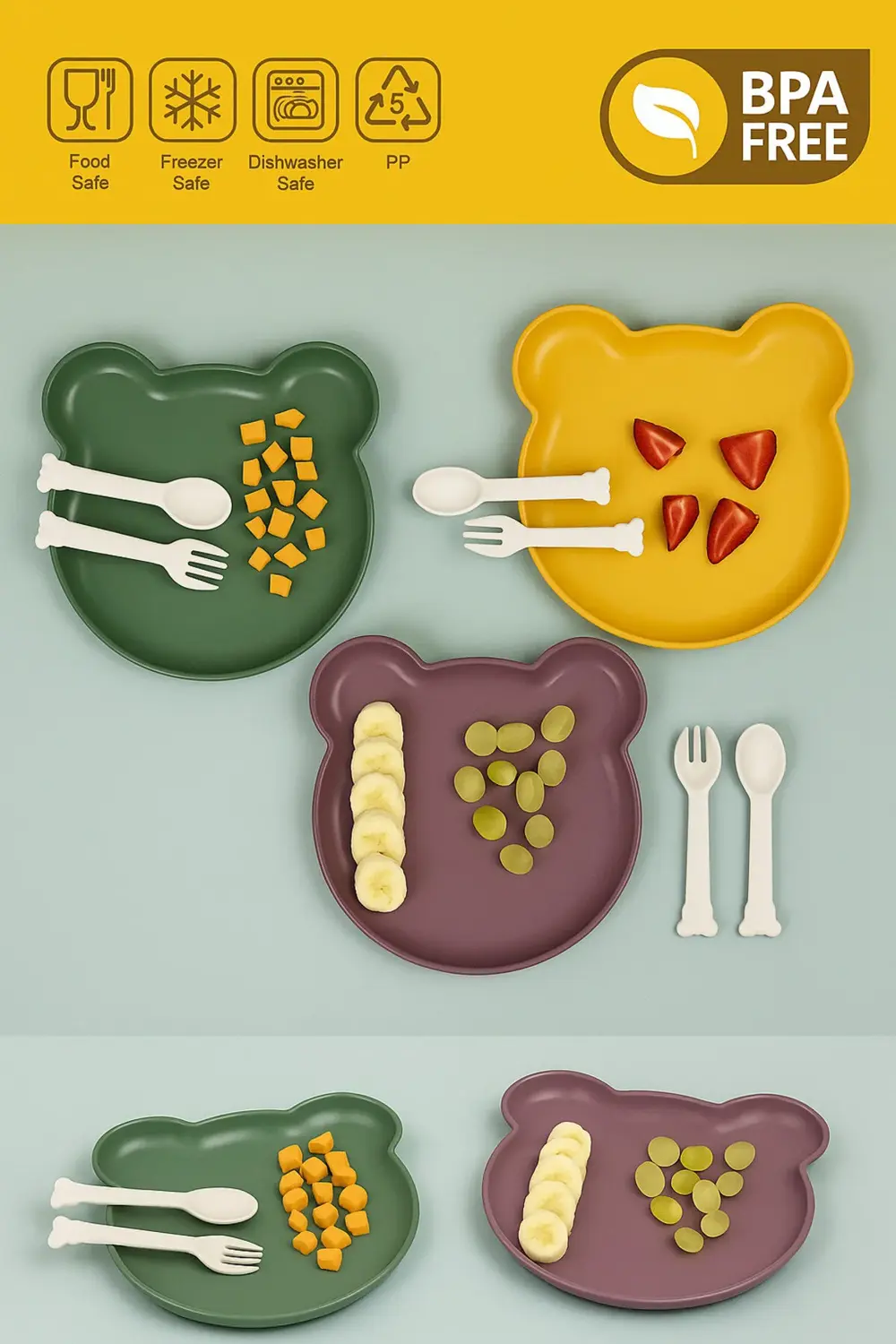 BPA Free Bölmeli Bebek Mama Tabağı Seti – Çatal Kaşık Dahil, Gıda