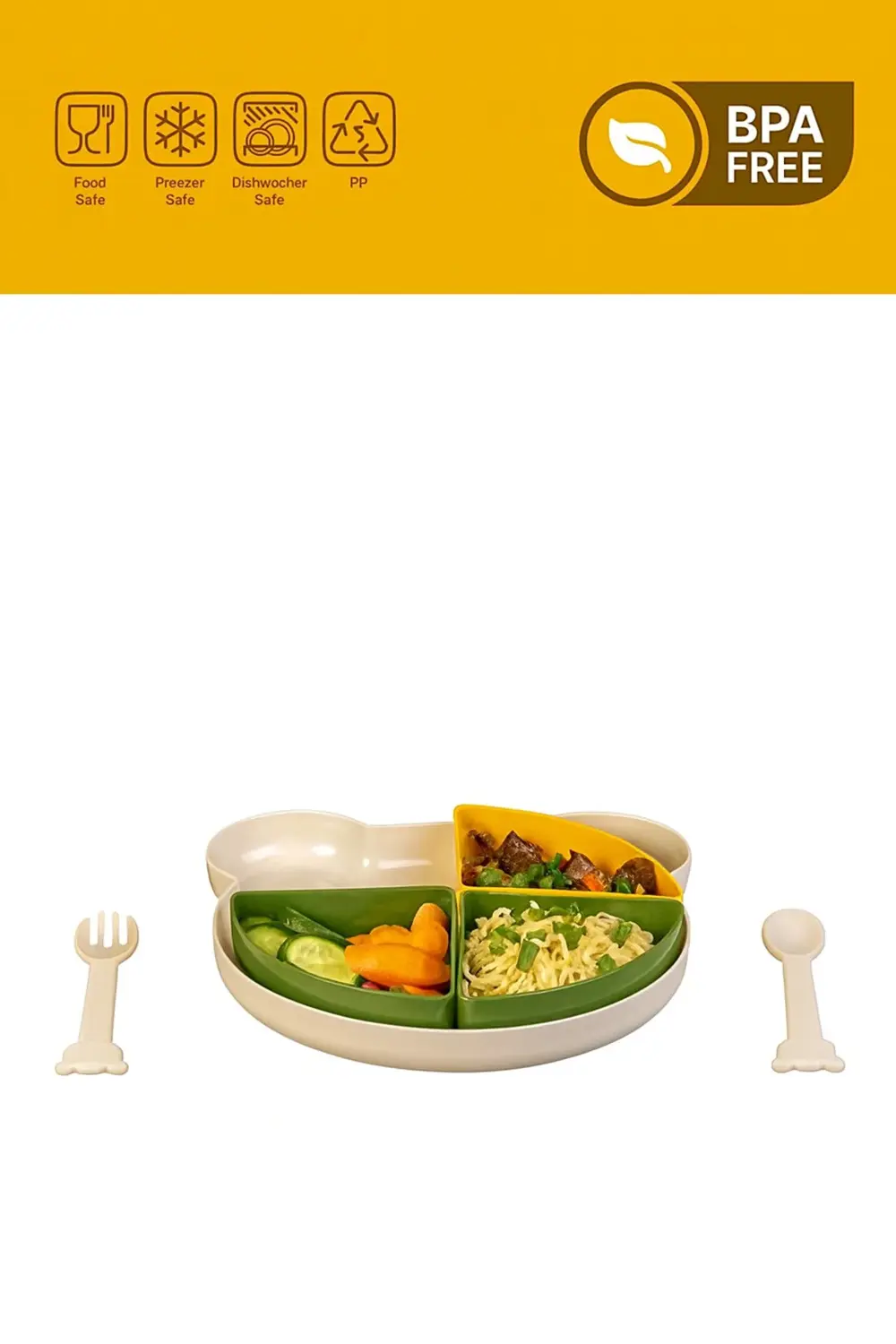 BPA Free Bölmeli Bebek Mama Tabağı Seti – Çatal Kaşık Dahil, Gıda