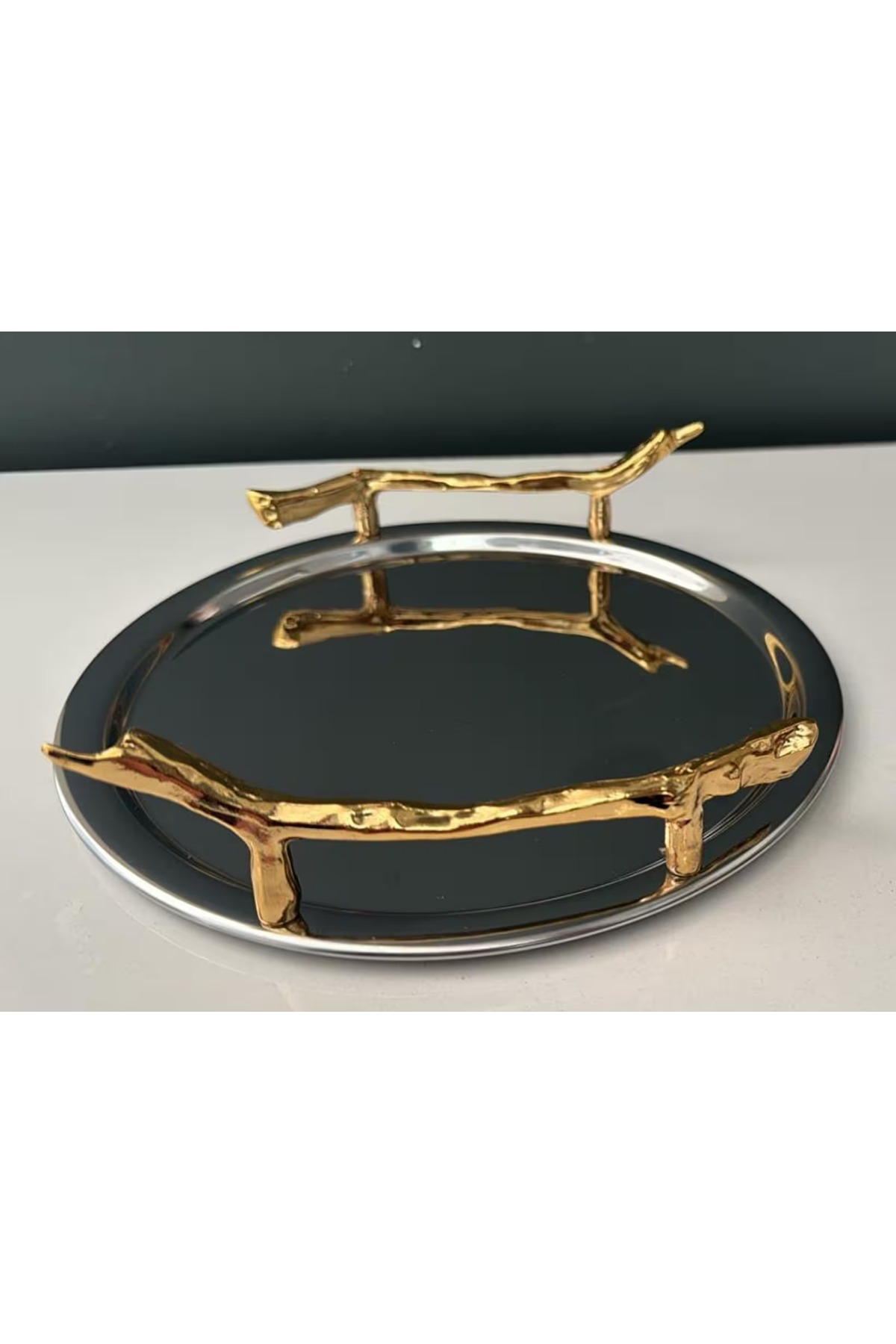 Elif Aksesuar Branch Metal Yuvarlak Kahve Sunum Tepsisi