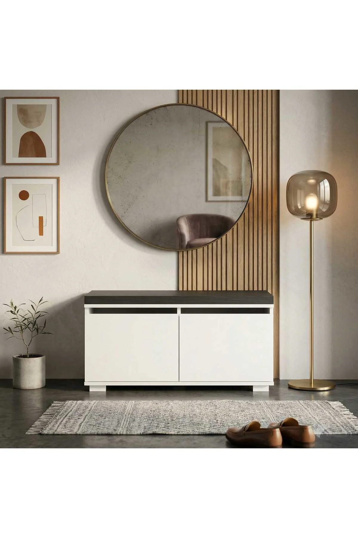 BRANO 80 cm Minderli Oturaklı Ayakkabılık | 2 Kapaklı Beyaz Ayakk