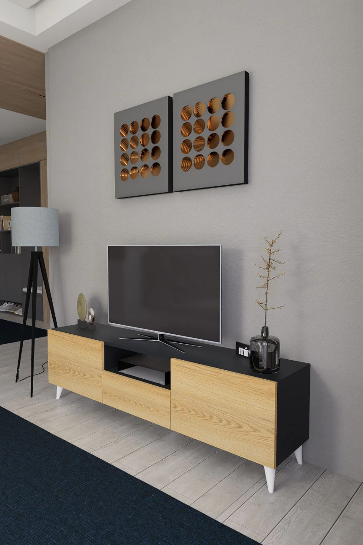 Bravix Modern Tv Ünitesi 3 Bölmeli Tv Sehpası Gövde Antrasit Kapa