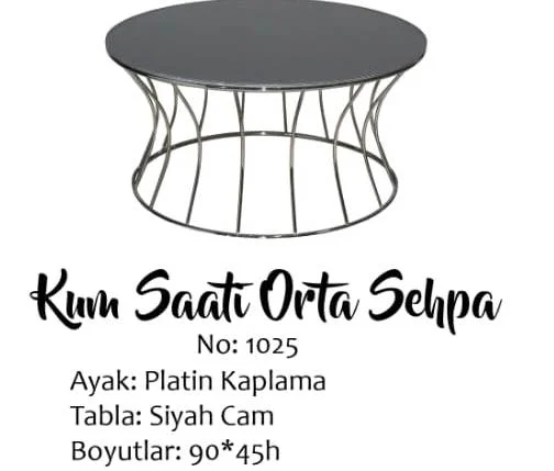 Brc 13356 Orta sehpa KUM SAAT Düz SİYAH Temper cam tabla PLATİN R