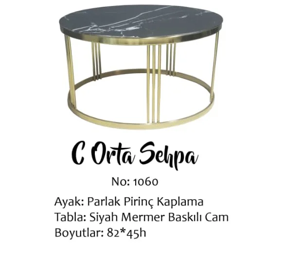 Brc 14059  ORTA sehpa C Model Siyah mermer TEMPER Cam Metal gold 