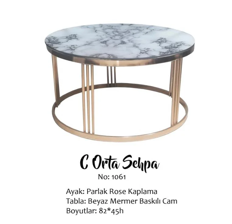 Brc 17566 Orta sehpa C Beyaz mermer Temper Cam Metal ROSE Kaplama