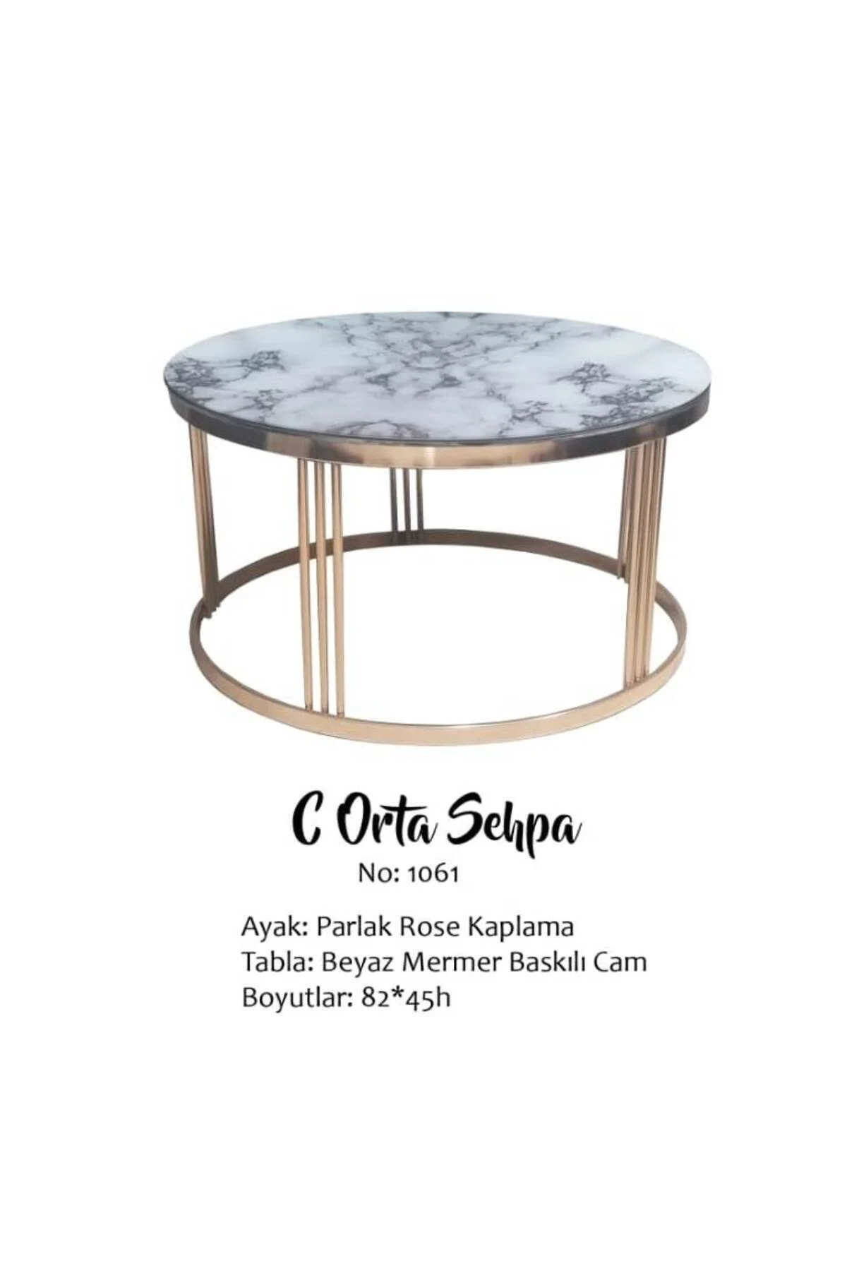 Brc 17566 Orta sehpa C Beyaz mermer Temper Cam Metal ROSE Kaplama Ayak El yapım - Görsel 3