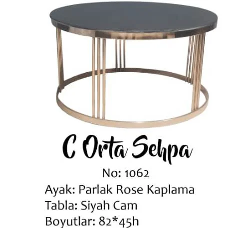 Brc 17568 Orta sehpa C Düz Siyah Temper Cam Metal ROZA renk Kapla