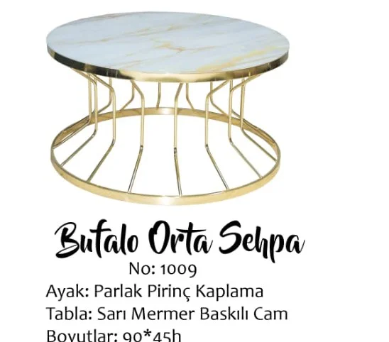 Brc Orta Sehpa 14050 Bufalo SARI Mermer TEMPER Cam Metal çelik GO