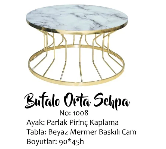 Brc Orta Sehpa 14052 Bufalo MODEL Beyaz Mermer TEMPER Cam Metal ç