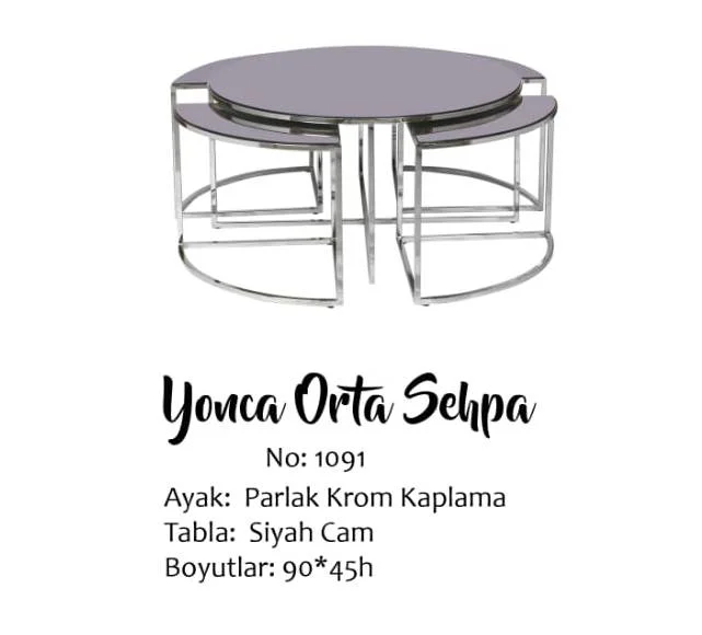 Brc YONCA 17548 Zigon-Orta Sehpa Düz Siyah Temper Cam Metal gümüş