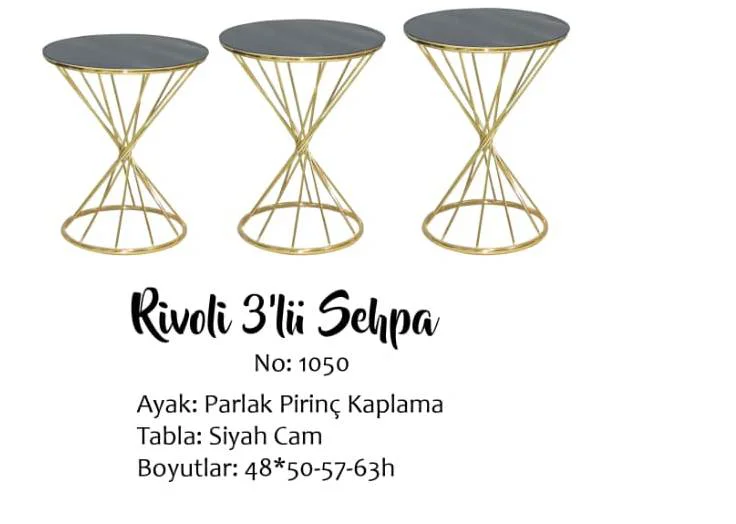 Brc Zigon Sehpa 13412 RİVOLİ Model Siyah Cam tabla Gold Parlak Ay