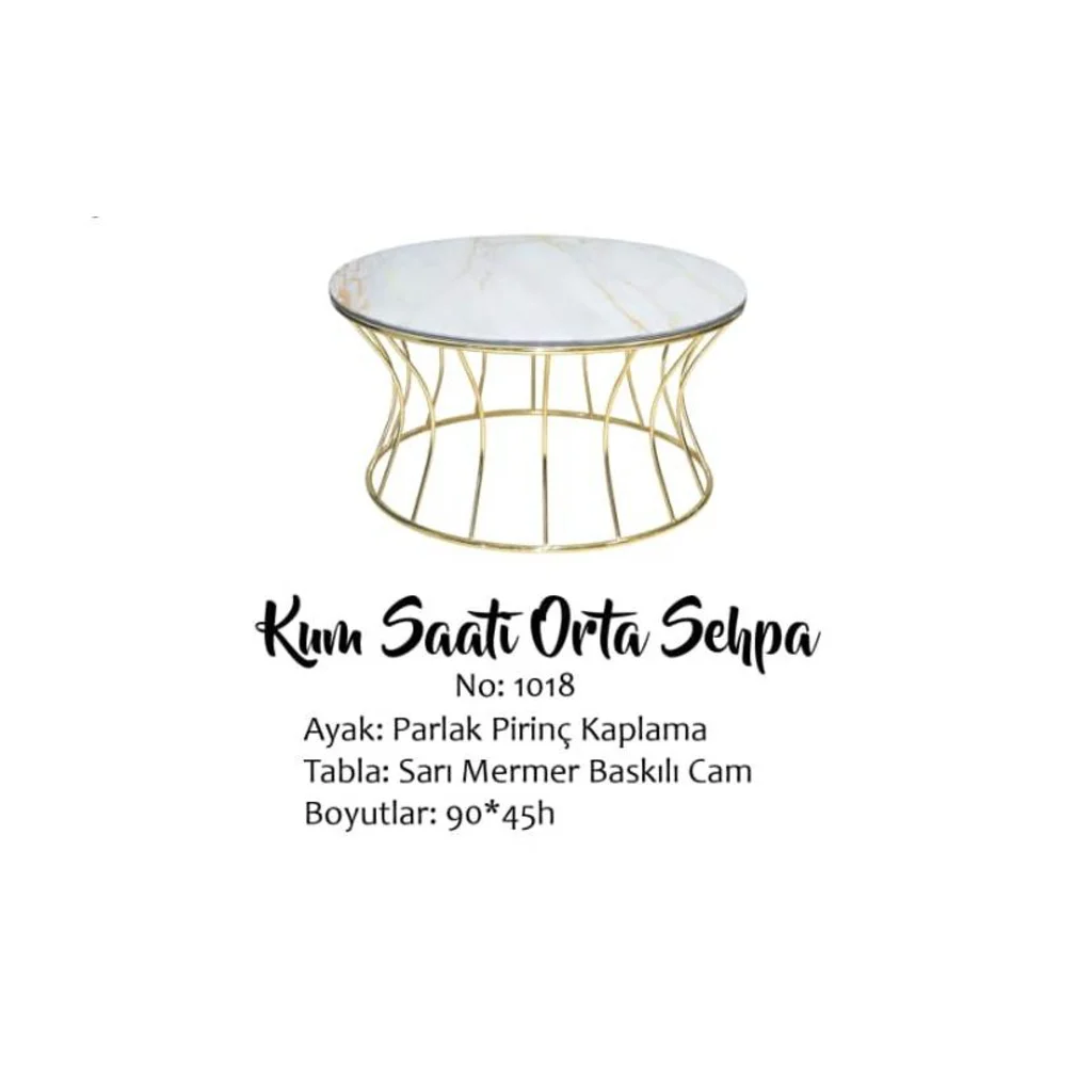 Brc19453 Orta sehpa KUM SAATİ sarı mermer TEMPER Cam Metal Gold K