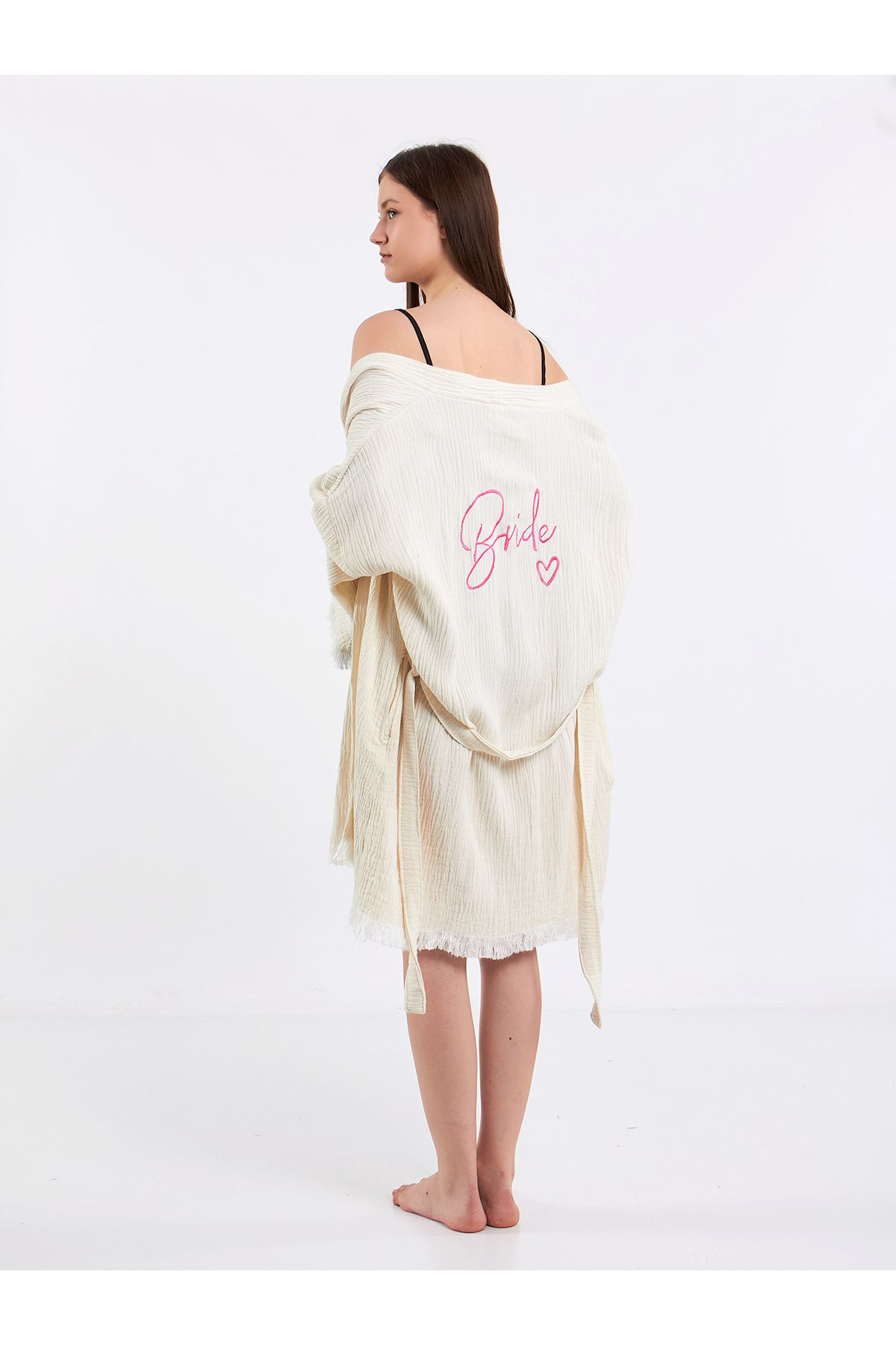 Bride Nakışlı Müslin Kimono %100 Pamuklu Gelin Sabahlığı Bornoz K