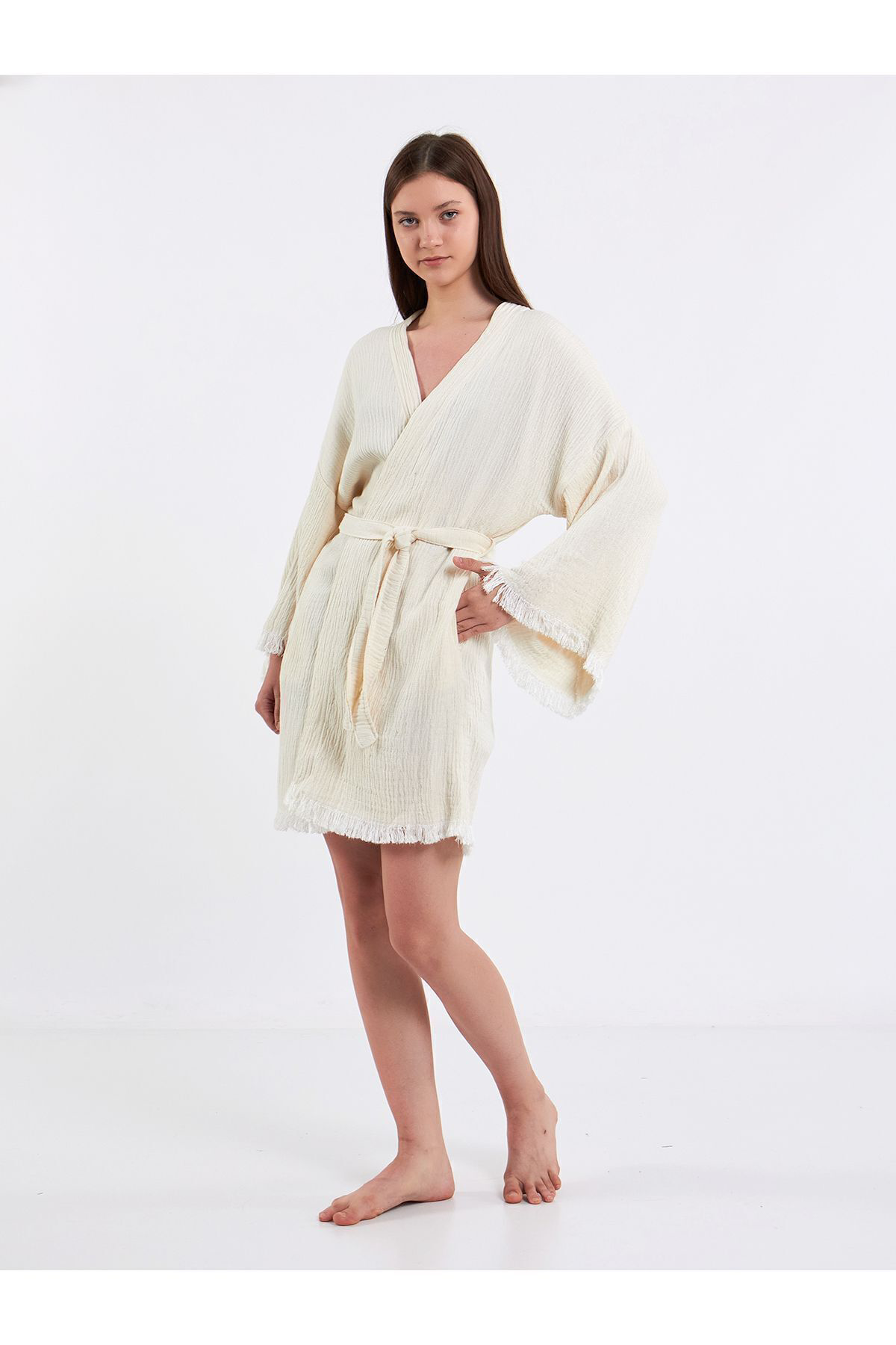 Bride Nakışlı Müslin Kimono %100 Pamuklu Gelin Sabahlığı Bornoz K
