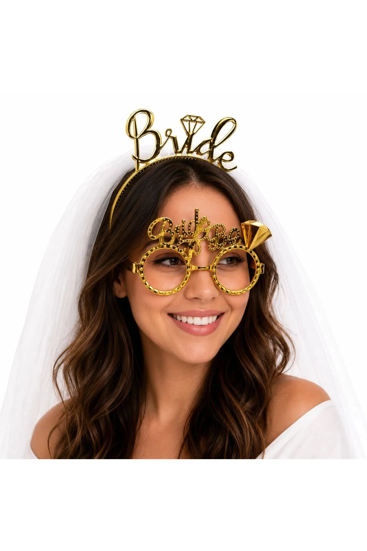 Bride Yazılı Gold Taç Ve Parti Gözlüğü Seti Bride Yazılı Gold Taç Ve Parti Gözlüğü Seti