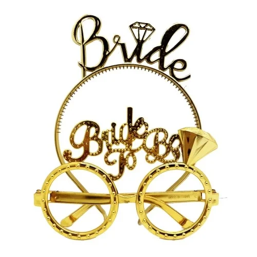 Bride Yazılı Taç ve Bride To Be Yazılı Gözlük Seti - Altın Renk