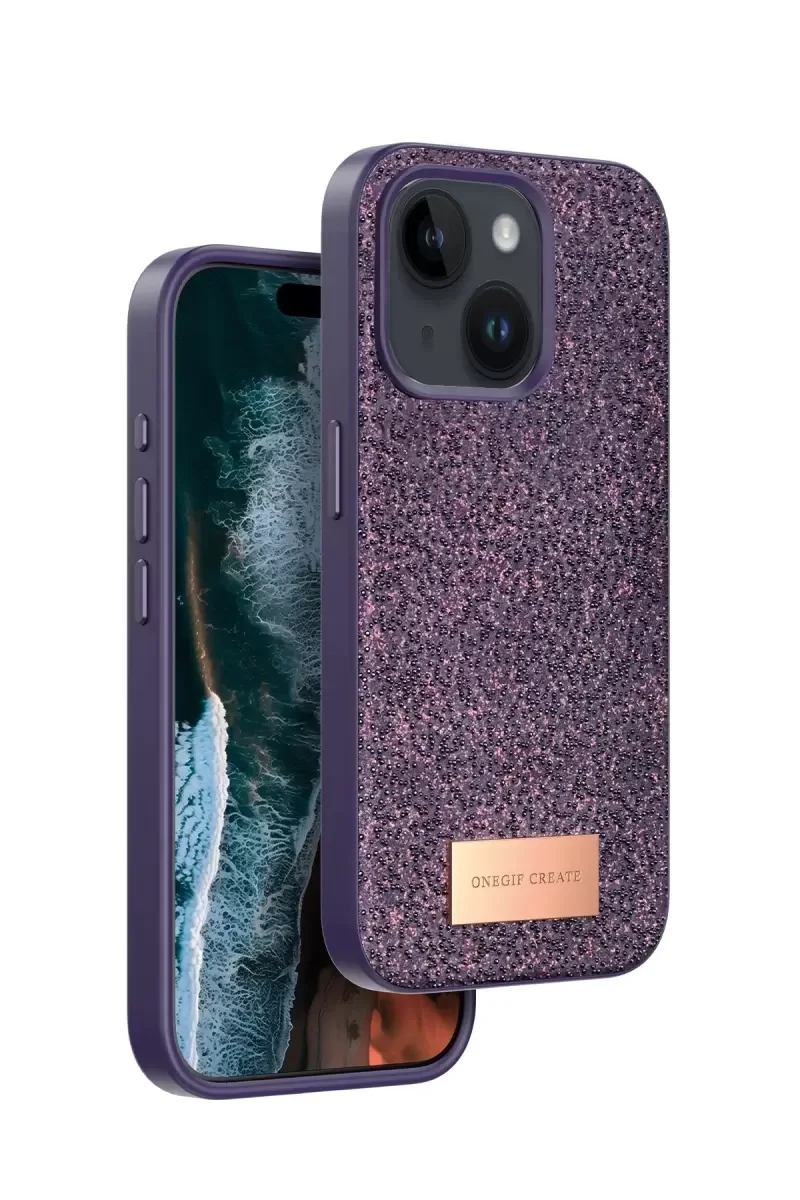 Bright Simli Kapak iPhone 15 ile Uyumlu - Derin Mor Boncuk İşlemeli Telefon Kılıfı