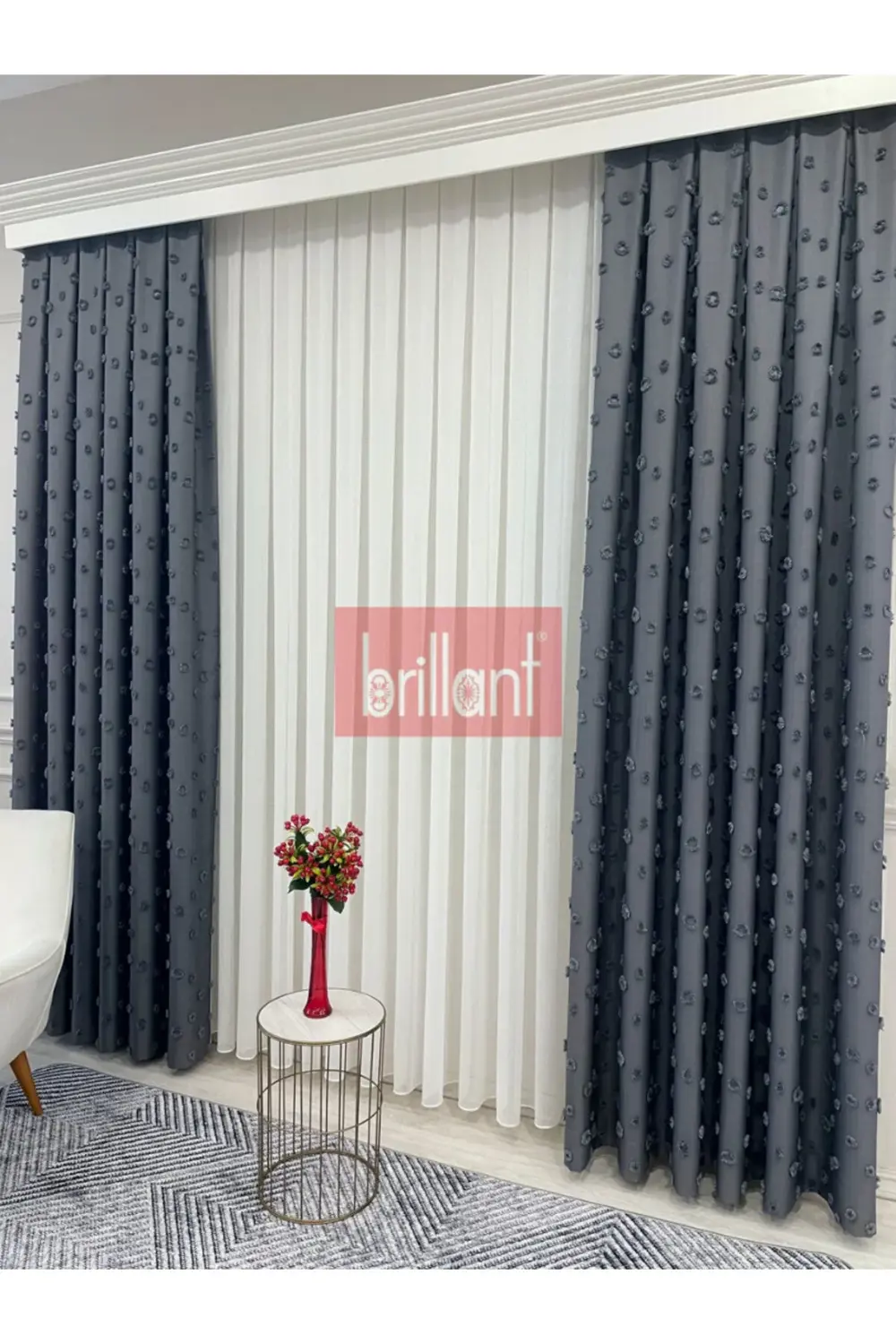 Brillant PufyCarla Keten Ponponlu Modern Yüksek Kaliteli Fon Perd