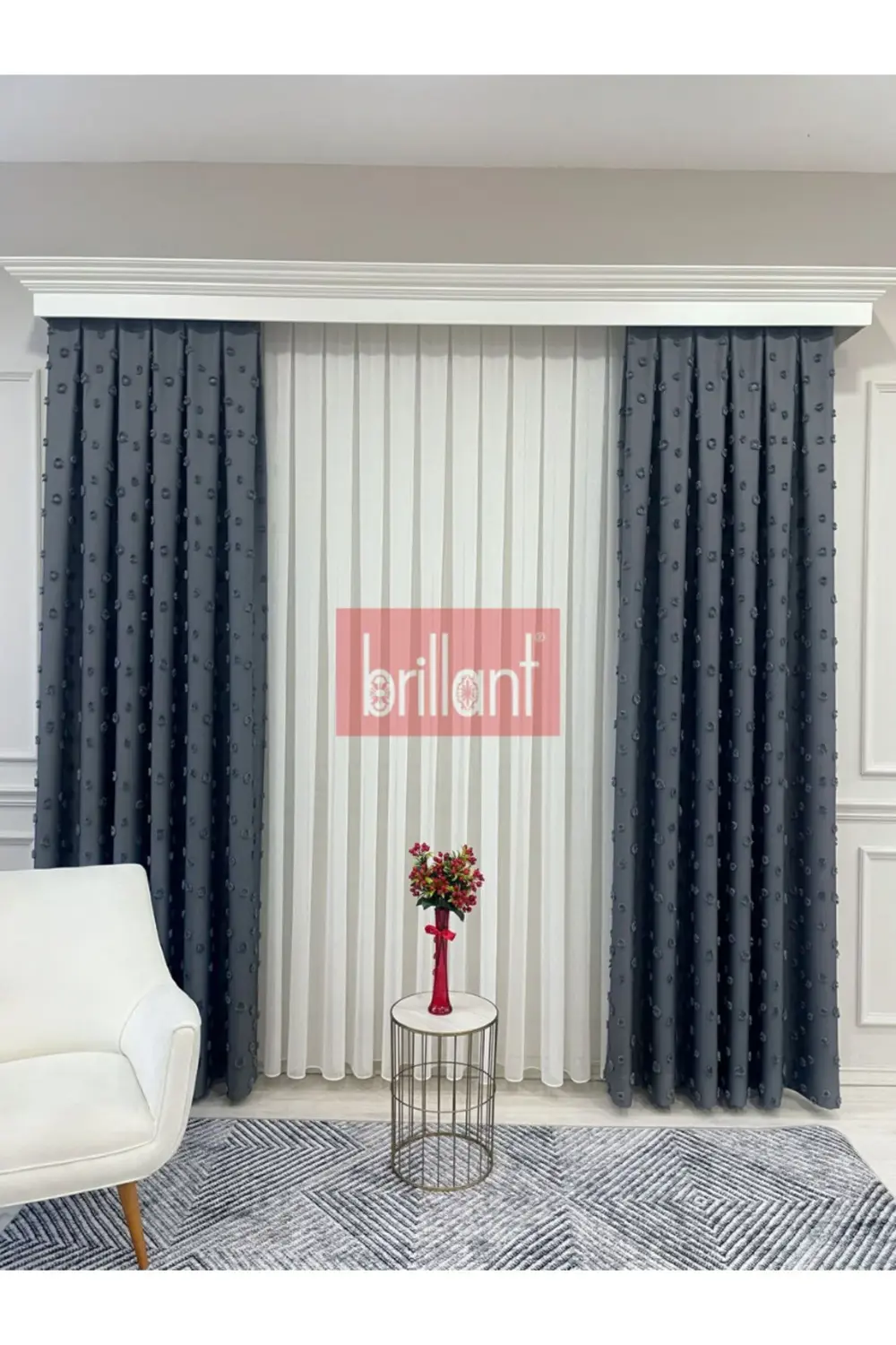 Brillant PufyCarla Keten Ponponlu Modern Yüksek Kaliteli Fon Perd