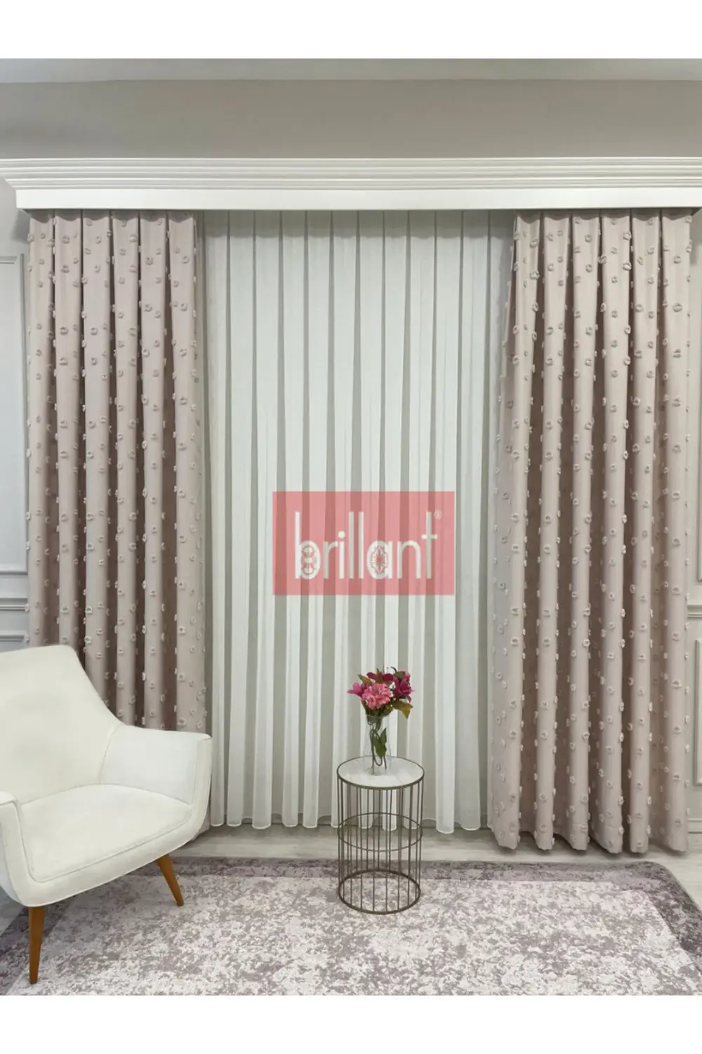 Brillant PufyCarla Keten Ponponlu Modern Yüksek Kaliteli Fon Perd