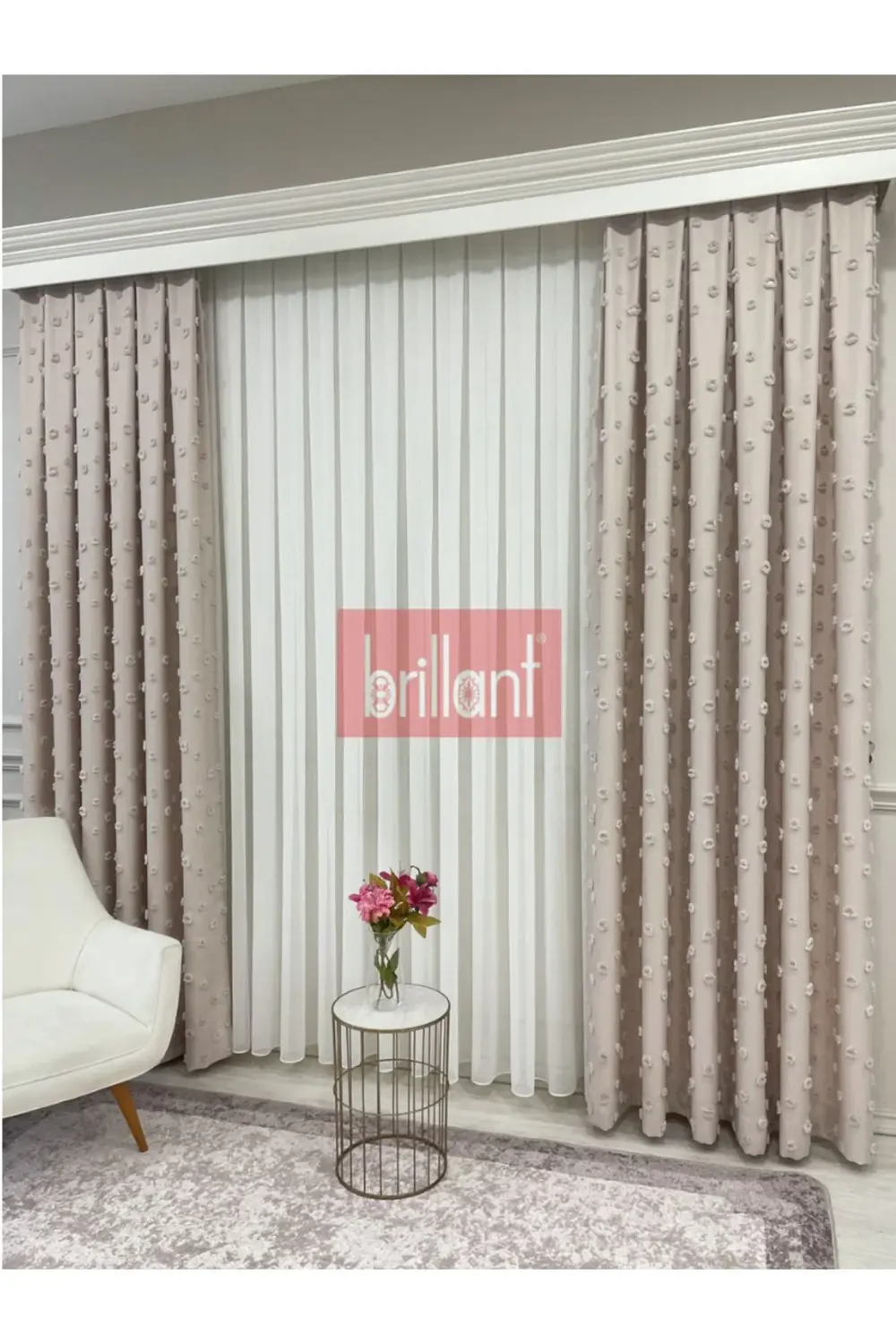 Brillant PufyCarla Keten Ponponlu Modern Yüksek Kaliteli Fon Perd