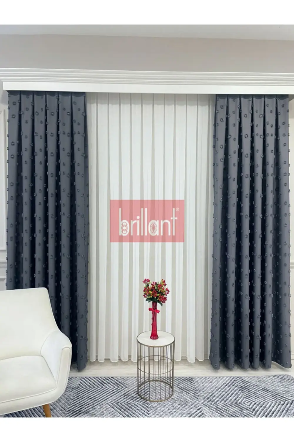 Brillant PufyCarla Keten Ponponlu Modern Yüksek Kaliteli Fon Perd