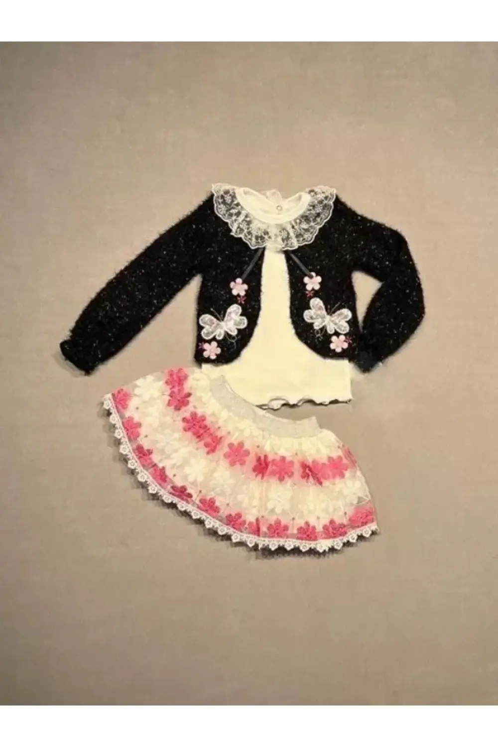 Brode Etekli Örme Hırkalı Uzun Kollu Sweat 3lü Kız Çocuk Takımı S