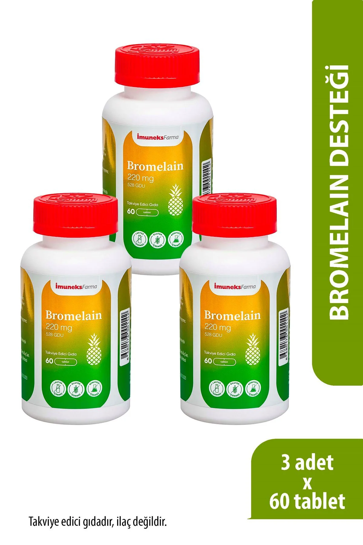 Bromelain 220 mg Takviye Edici Gıda 60 Tablet x 3 Adet