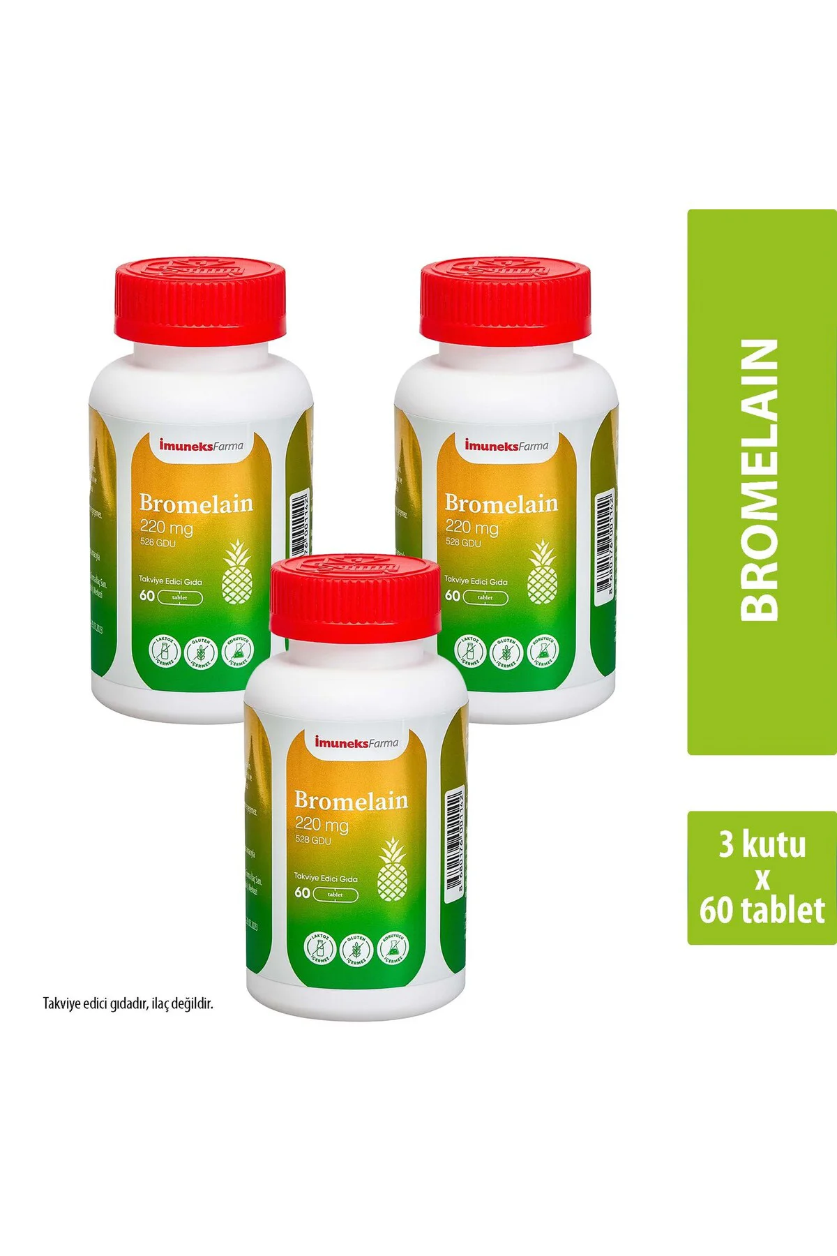 Bromelain 220 mg Takviye Edici Gıda 60 Tablet x 3 Adet