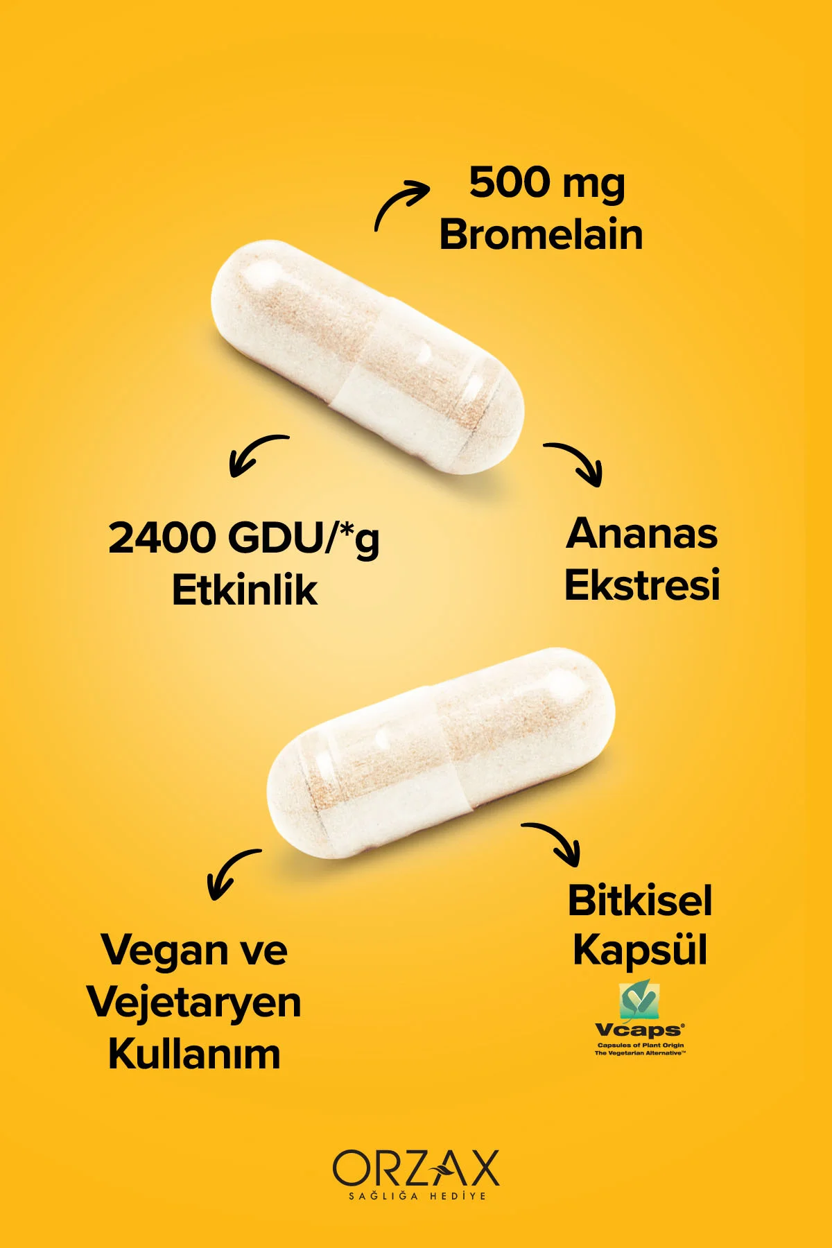 Bromelain 500 Mg Takviye Edici Gıda (Ananas Ekstresi - 2400 GDU / g Bromelain İçerir) 30 Kapsül
