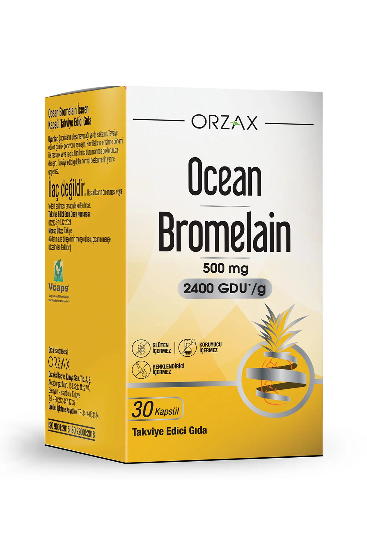 Bromelain 500 Mg Takviye Edici Gıda (Ananas Ekstresi - 2400 GDU / g Bromelain İçerir) 30 Kapsül