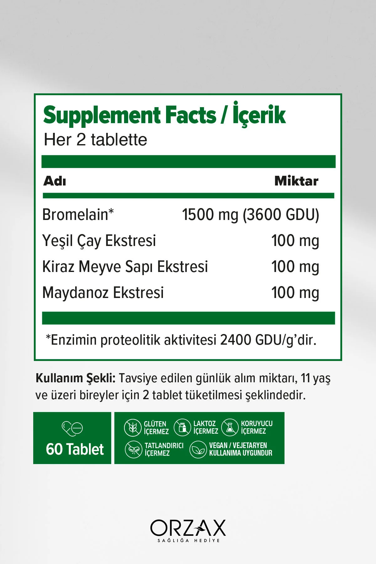Bromelain Complex -3600 GDU (Bromelain-Kiraz Meyve Sapı-Yeşil Çay-Maydanoz Ekstreleri) 60 Tablet