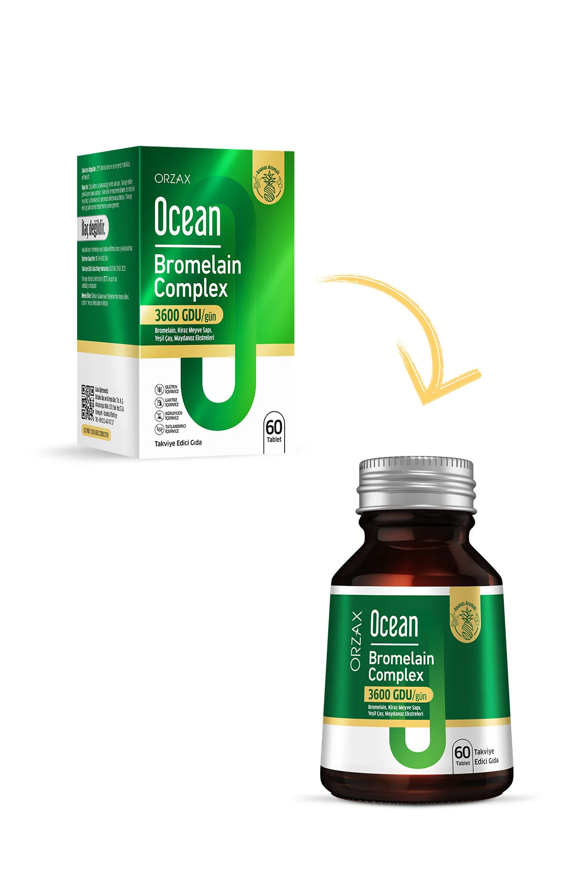 Bromelain Complex -3600 GDU (Bromelain-Kiraz Meyve Sapı-Yeşil Çay-Maydanoz Ekstreleri) 60 Tablet