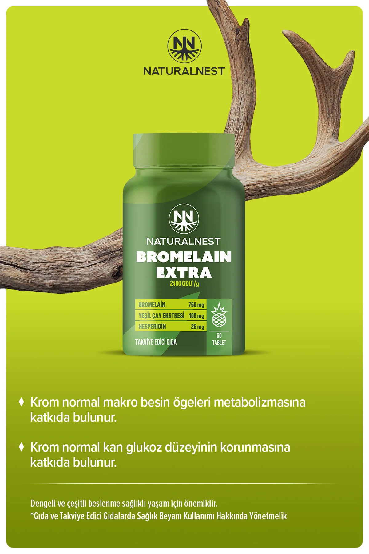 Bromelain Ekstra 750 mg 60 Tablet - Bromelain, Hesperidin, Krom, Yeşilçay