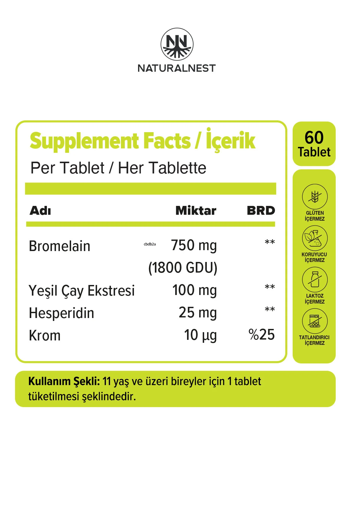 Bromelain Ekstra 750 mg 60 Tablet - Bromelain, Hesperidin, Krom, Yeşilçay
