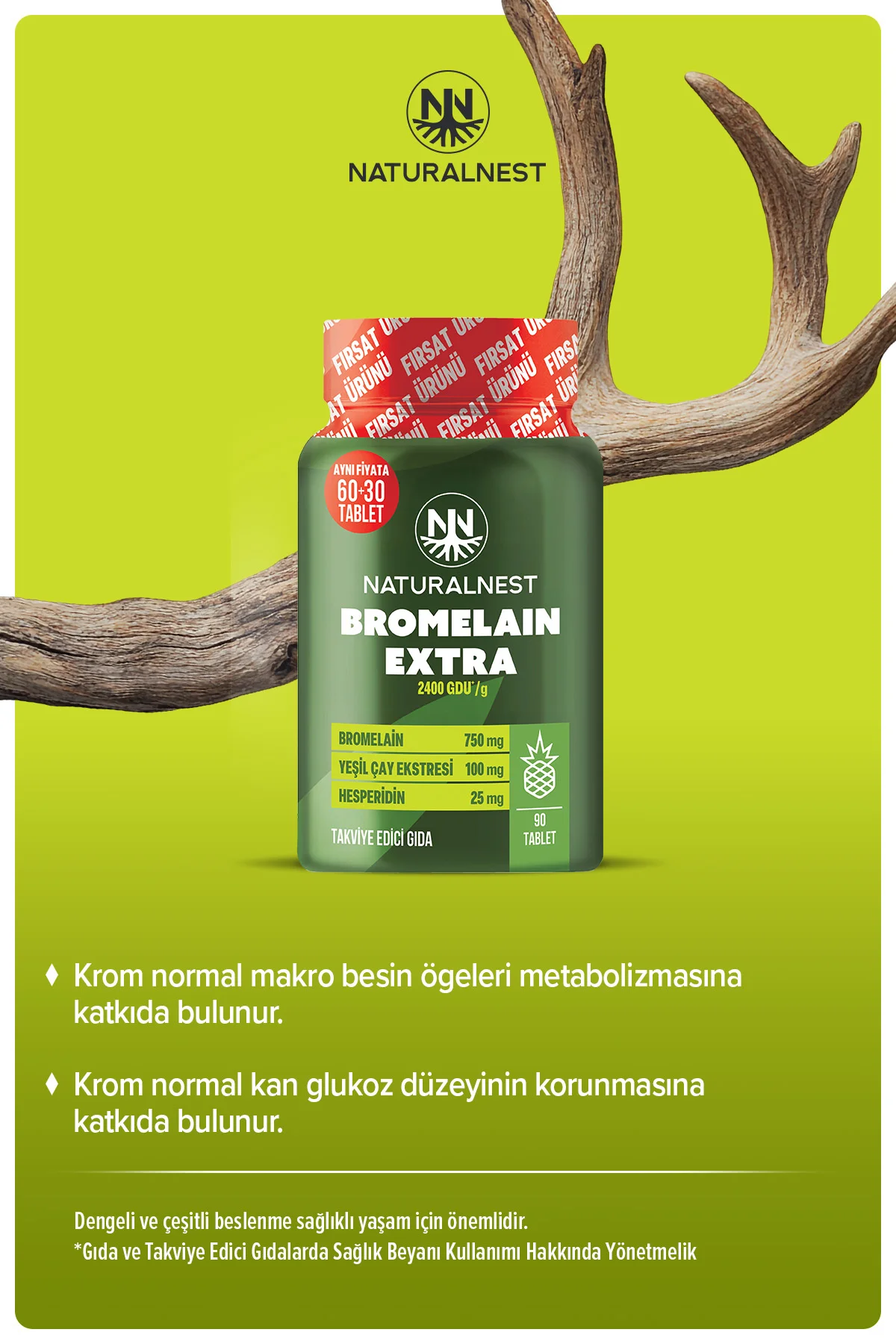 Bromelain Extra 90 Tablet- Bromelaini Hesperidin, Yeşilçay ve Krom Bromelain Extra 90 Tablet- Bromelaini Hesperidin, Yeşilçay ve Krom