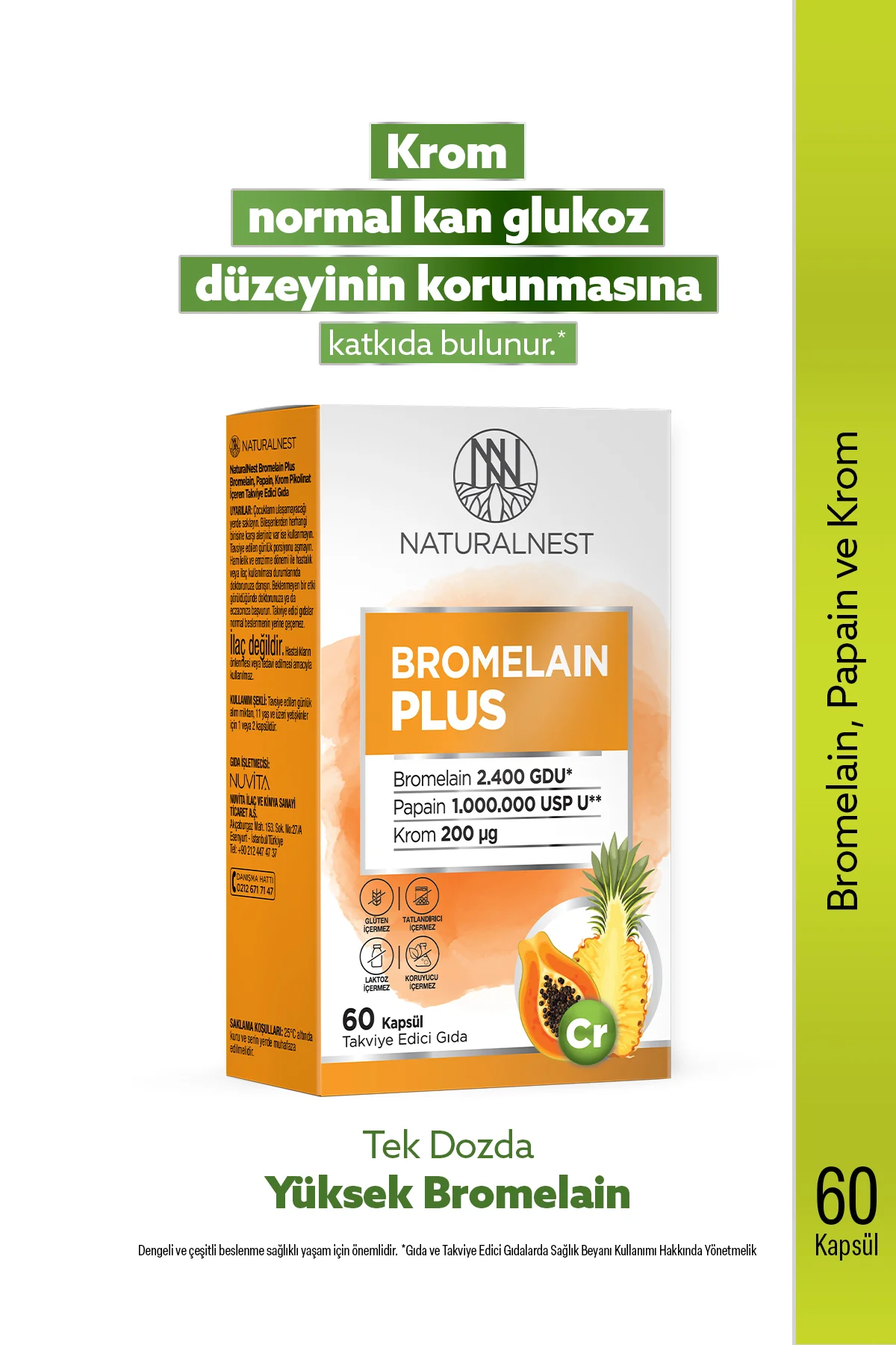 Bromelain Plus 500 mg 60 Kapsül- Bromelain, Papain, Krom