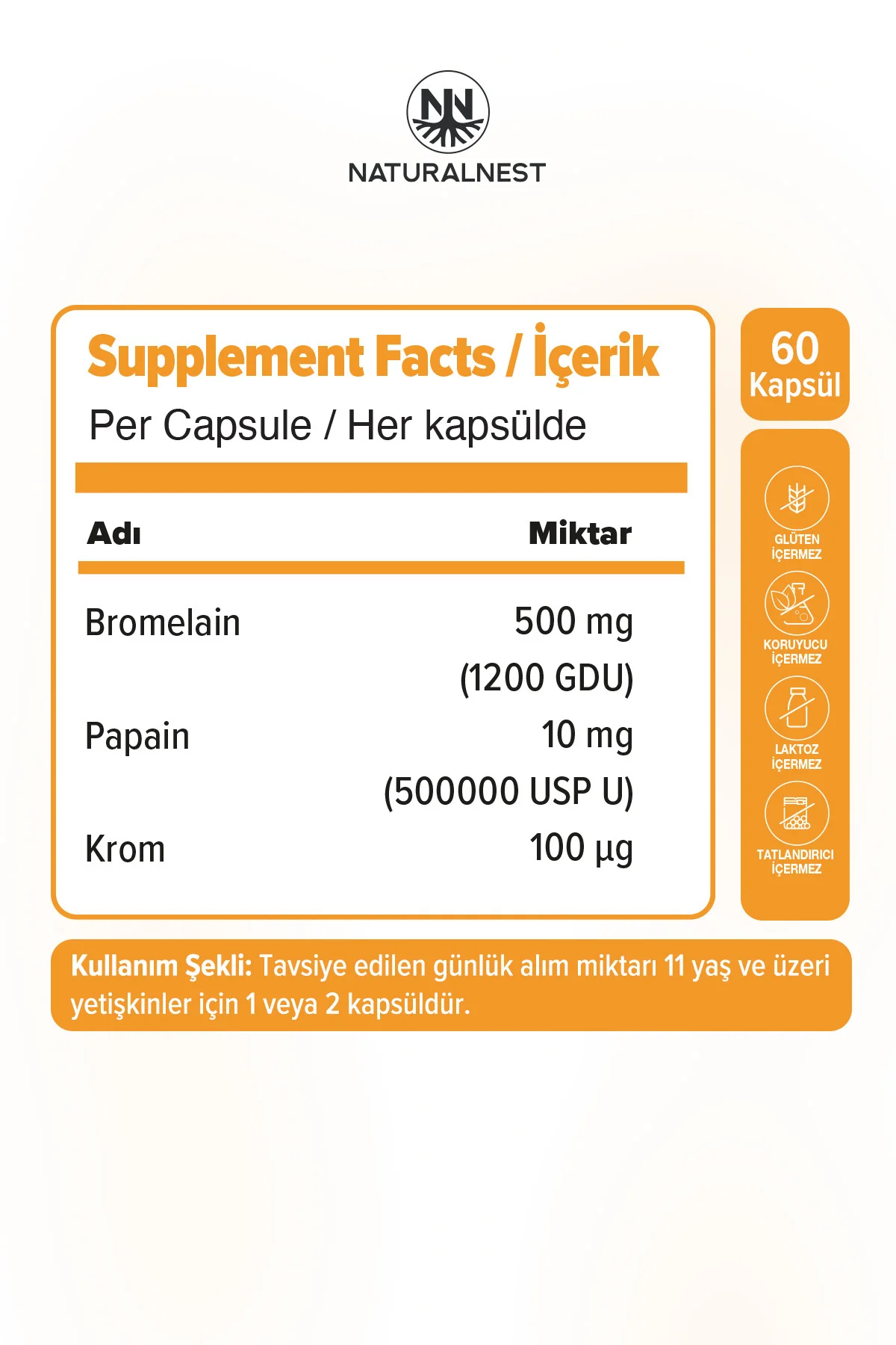 Bromelain Plus 500 mg 60 Kapsül- Bromelain, Papain, Krom