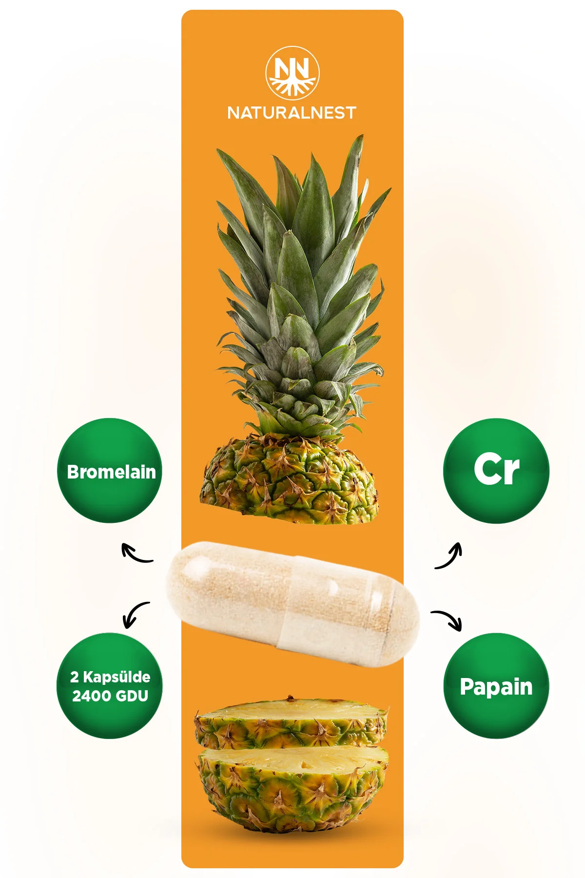 Bromelain Plus 500 mg 60 Kapsül- Bromelain, Papain, Krom