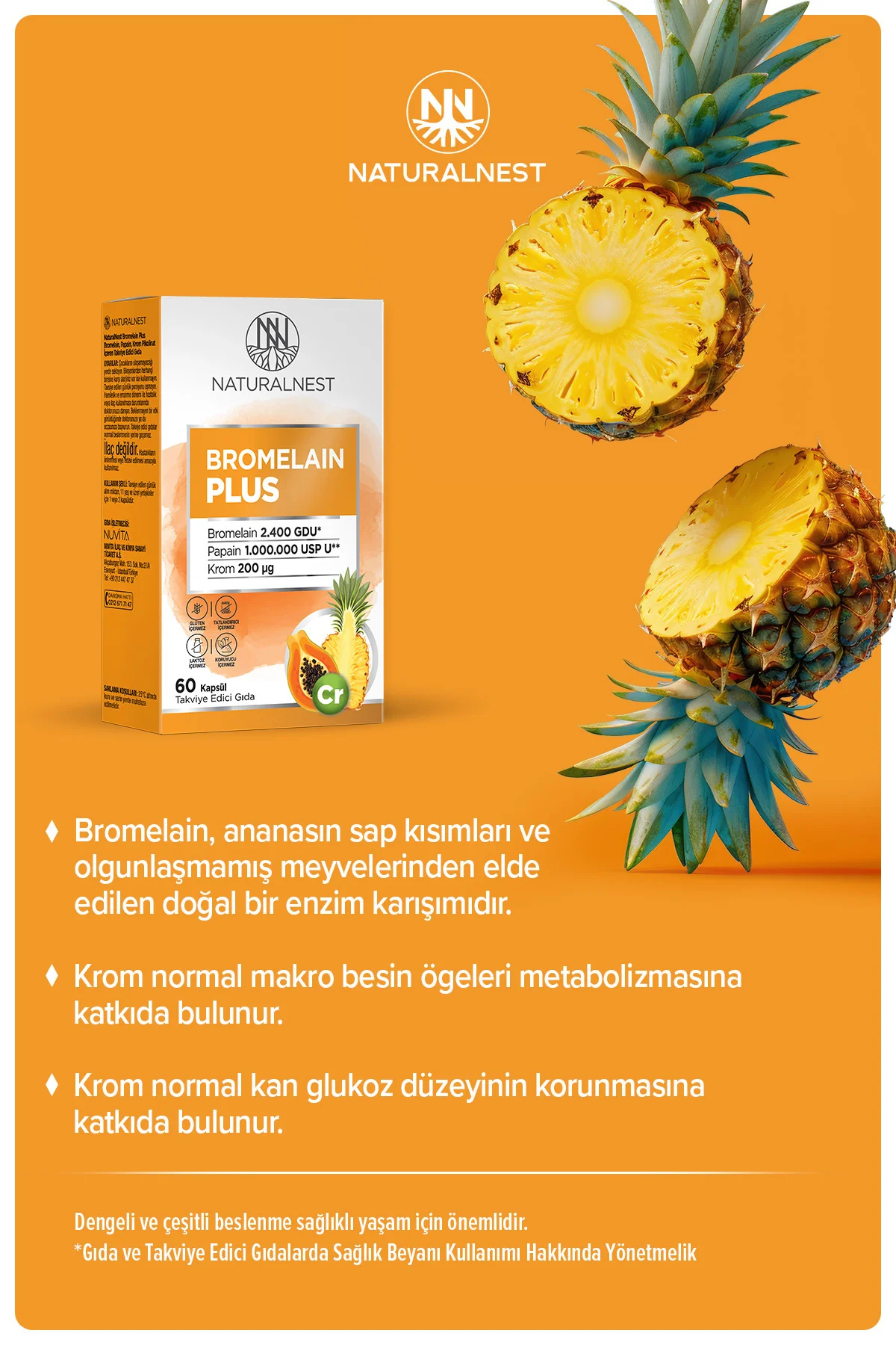 Bromelain Plus 500 mg 60 Kapsül- Bromelain, Papain, Krom