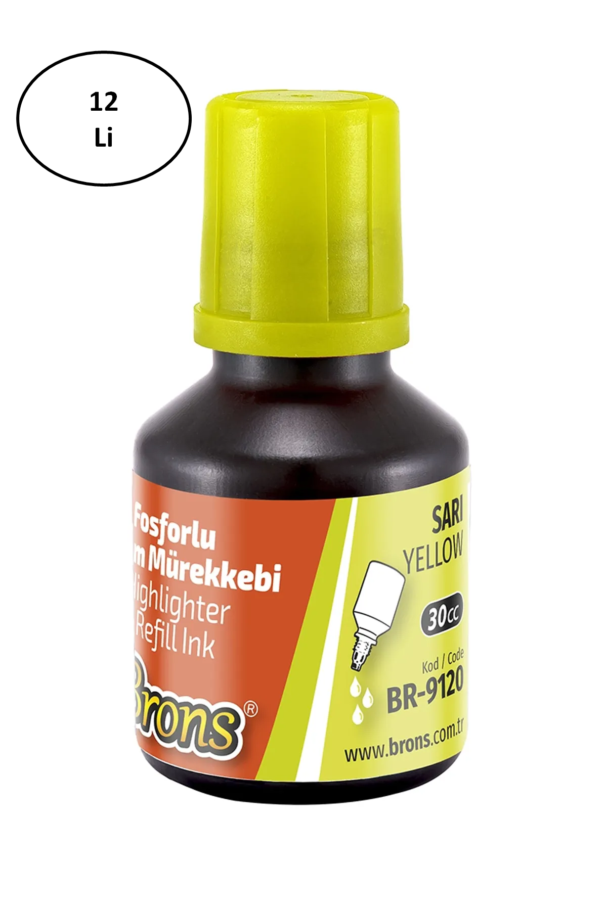 Just Cheap Store Brons Sari Fosforlu Kalem Mürekkebi 30 Ml Sari 12'Li