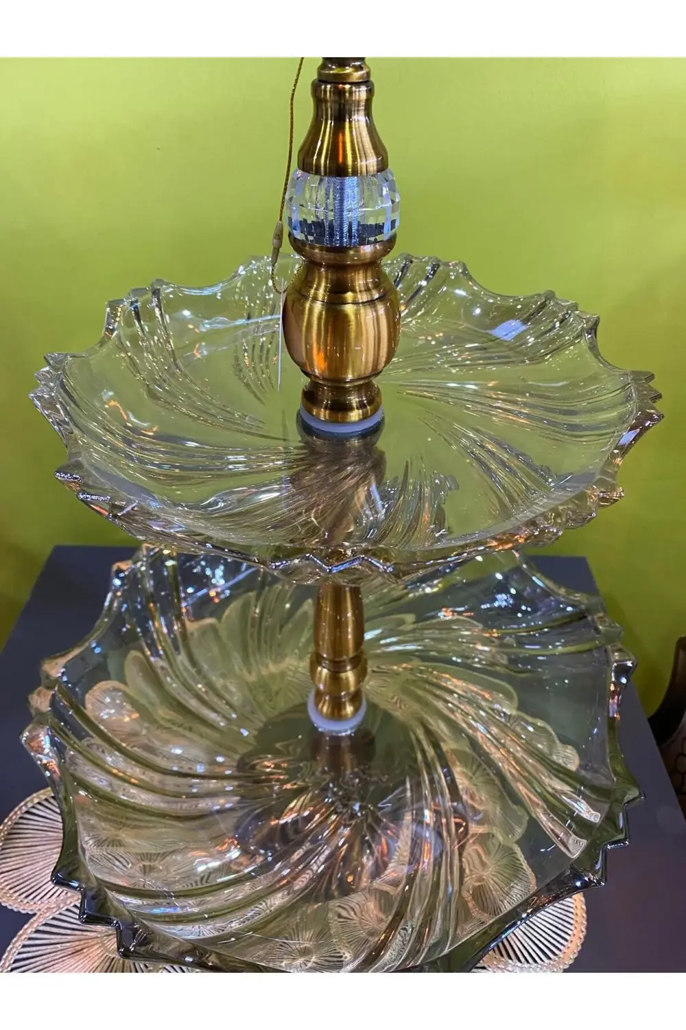 Bronz Bal Rengi  Cam 2 Katlı Kurabiyelik Sunum Tabağı