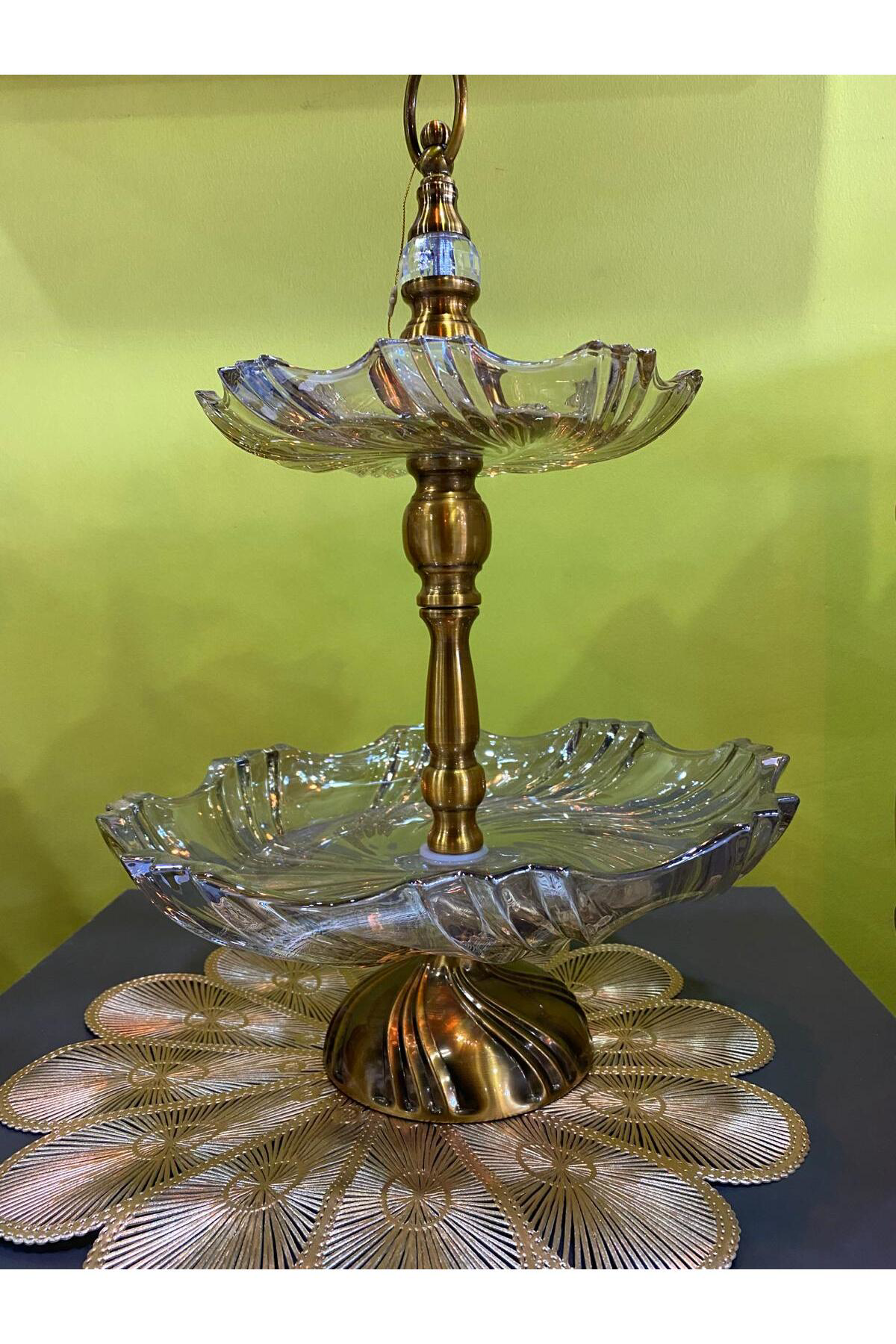 Elif Aksesuar Bronz Bal Rengi Cam 2 Katlı Kurabiyelik Sunum Tabağı