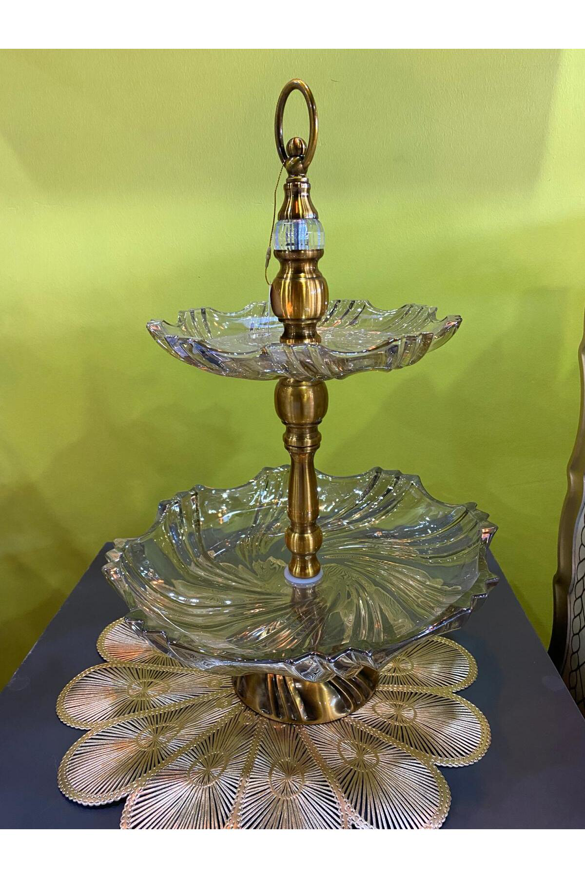 Elif Aksesuar Bronz Bal Rengi Cam 2 Katlı Kurabiyelik Sunum Tabağı