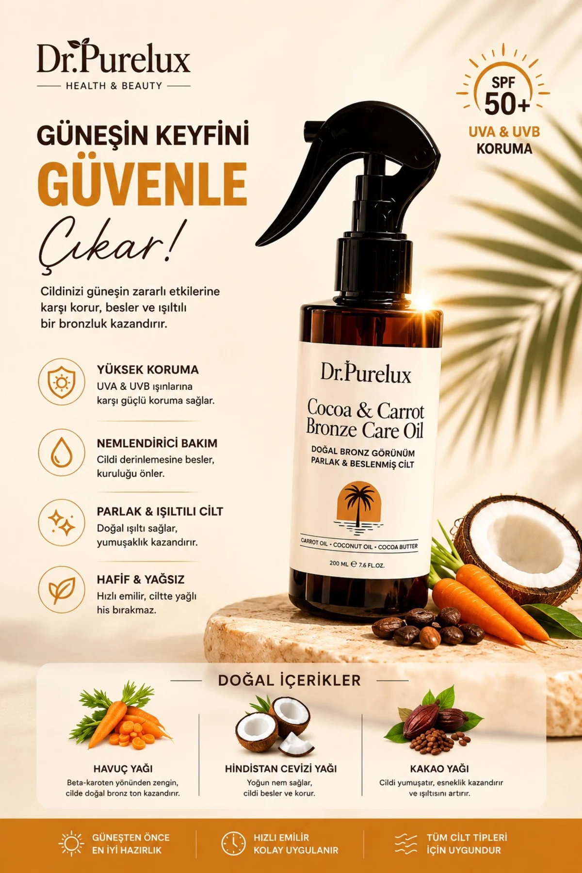 Bronzlaştırıcı Yağ | Kakao & Havuç & Hindistan Ceviz İçeren Bronz